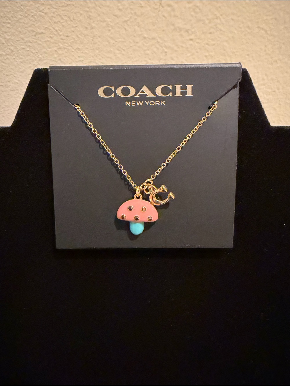 Coach Pink and Blue Mushroom Pendant Necklace - Gold Tone